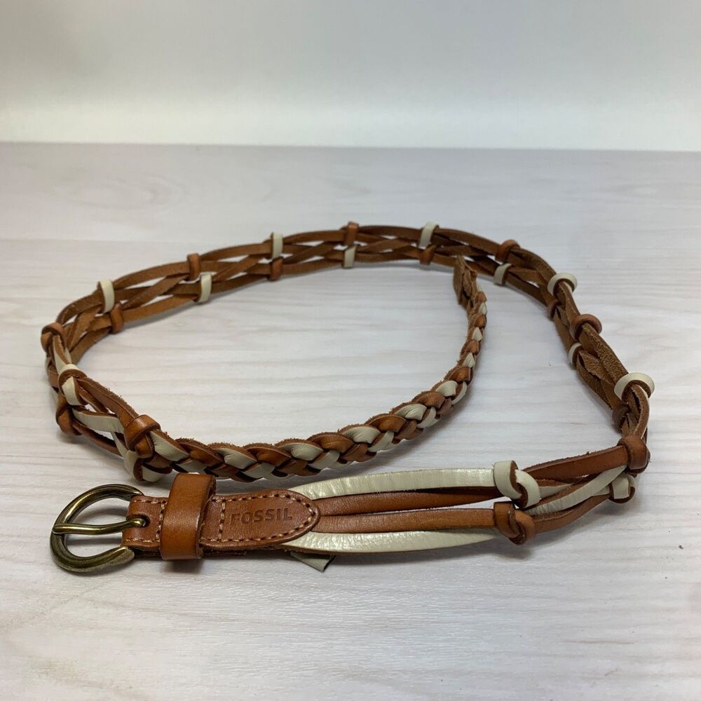Fossil Womens Braided Leather Belt Two Tone‎ Brown Beige Size Medium